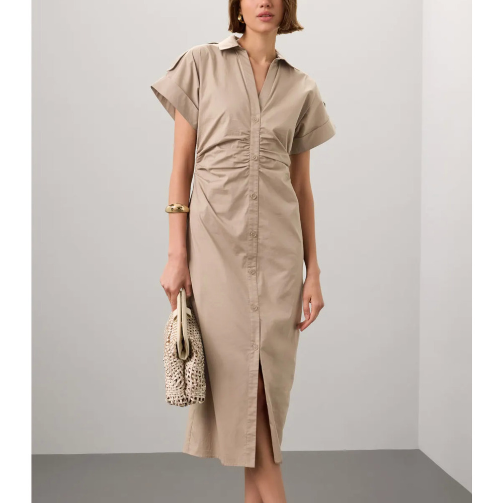 Saunders Khaki Beige Midi Shirt Dress SIZE 2 Ruched Career Cotton Designer $335